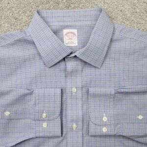 Brooks Brothers 346 Shirt Men 17 1/2, 4/5 Blue/Yellow Non-Iron Cototn L/S Button